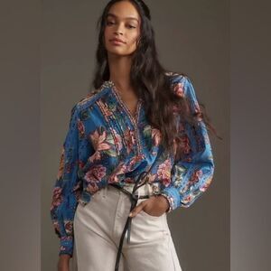 FARM Rio Blue Bouquet Floral Blouse NWOT XS